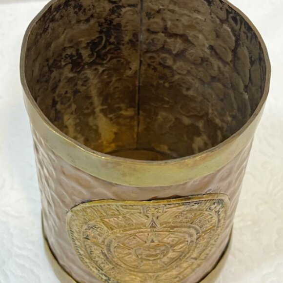 VTG Handmade Hammered Copper Brass Aztec Mayan Calendar Mug Cup Stein 4.5" Tall - Picture 7 of 14
